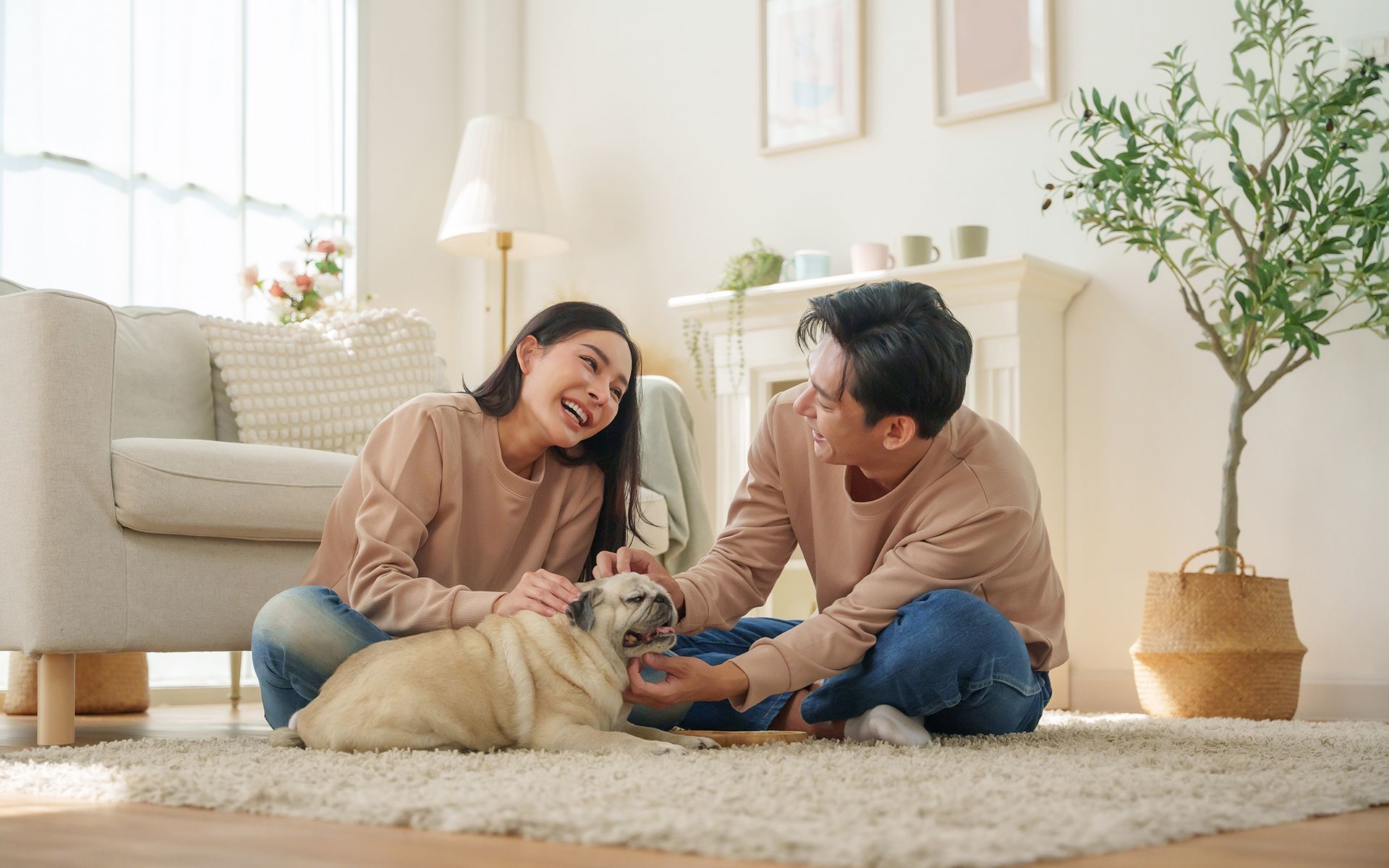 Couple in beige sweaters and jeans petting a pug on a rug in a bright living room.