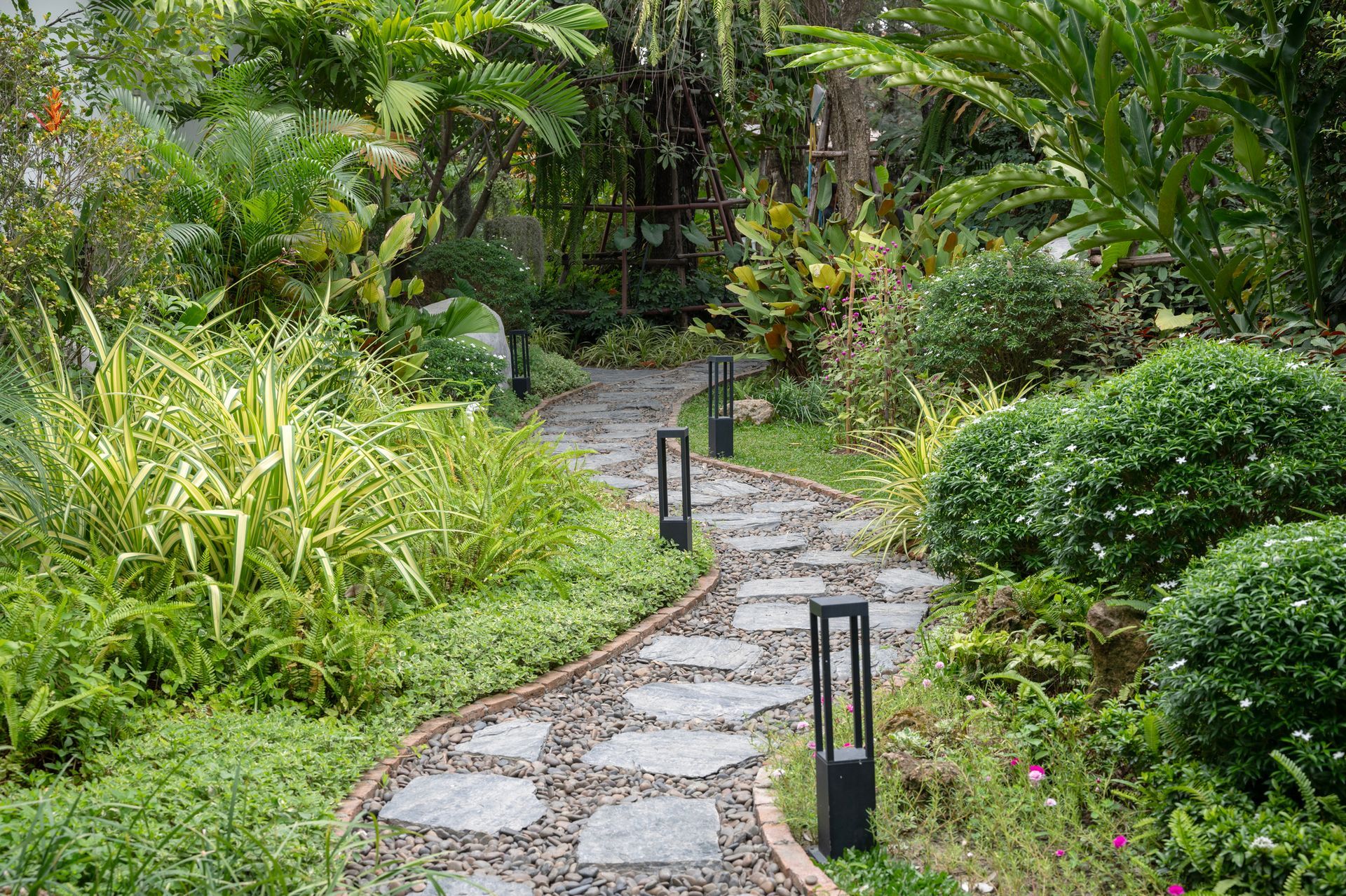 Stone path winding through a lush garden with diverse green plants and small lights.