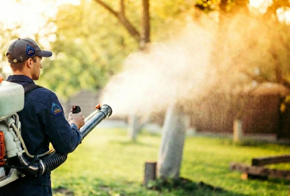 Man spraying insecticide outdoors in a yard, creating a visible cloud.