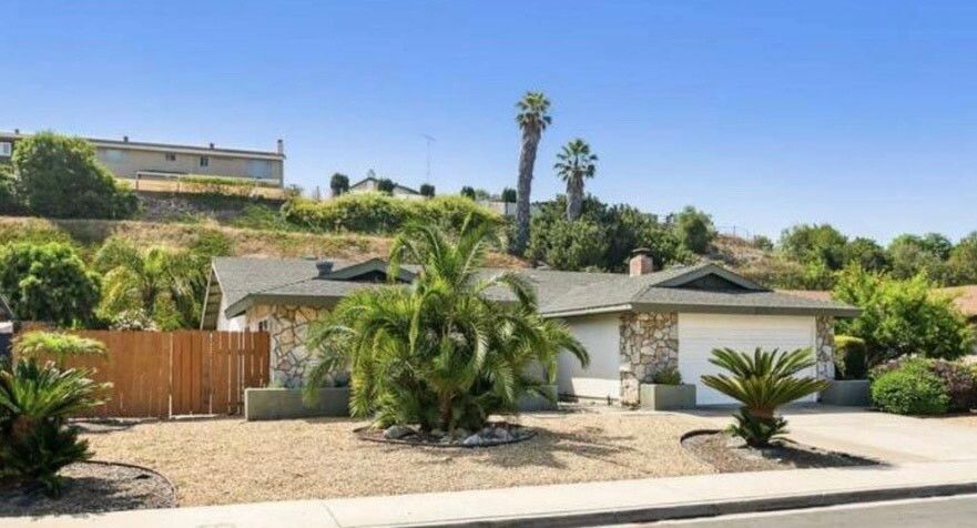 A house on a hill with palm trees in front of it