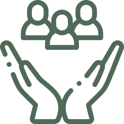 A line drawing of two hands holding a group of people.