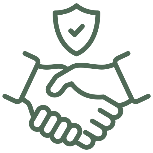 A line drawing of a handshake with a shield above it.