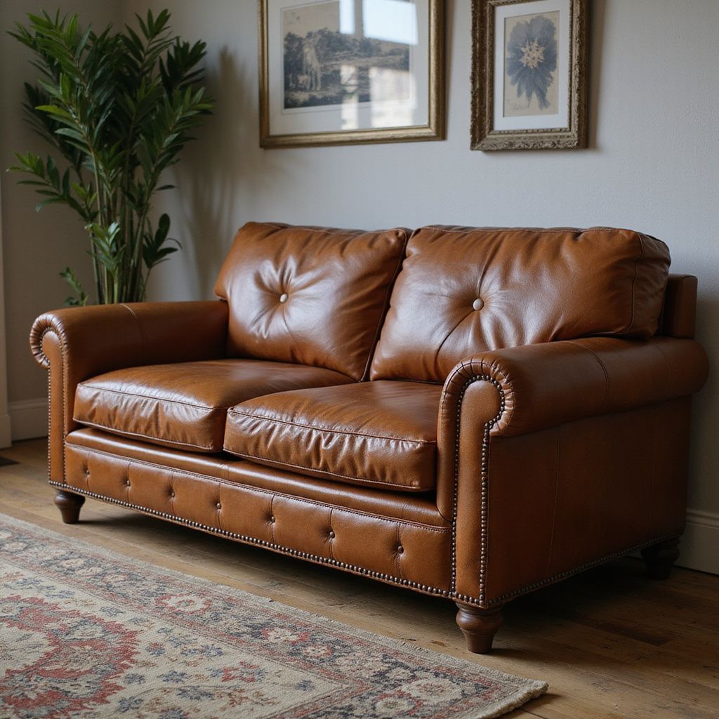 Brown leather loveseat with button tufting, rolled arms, and nailhead trim; in a living room with rug and wall art.