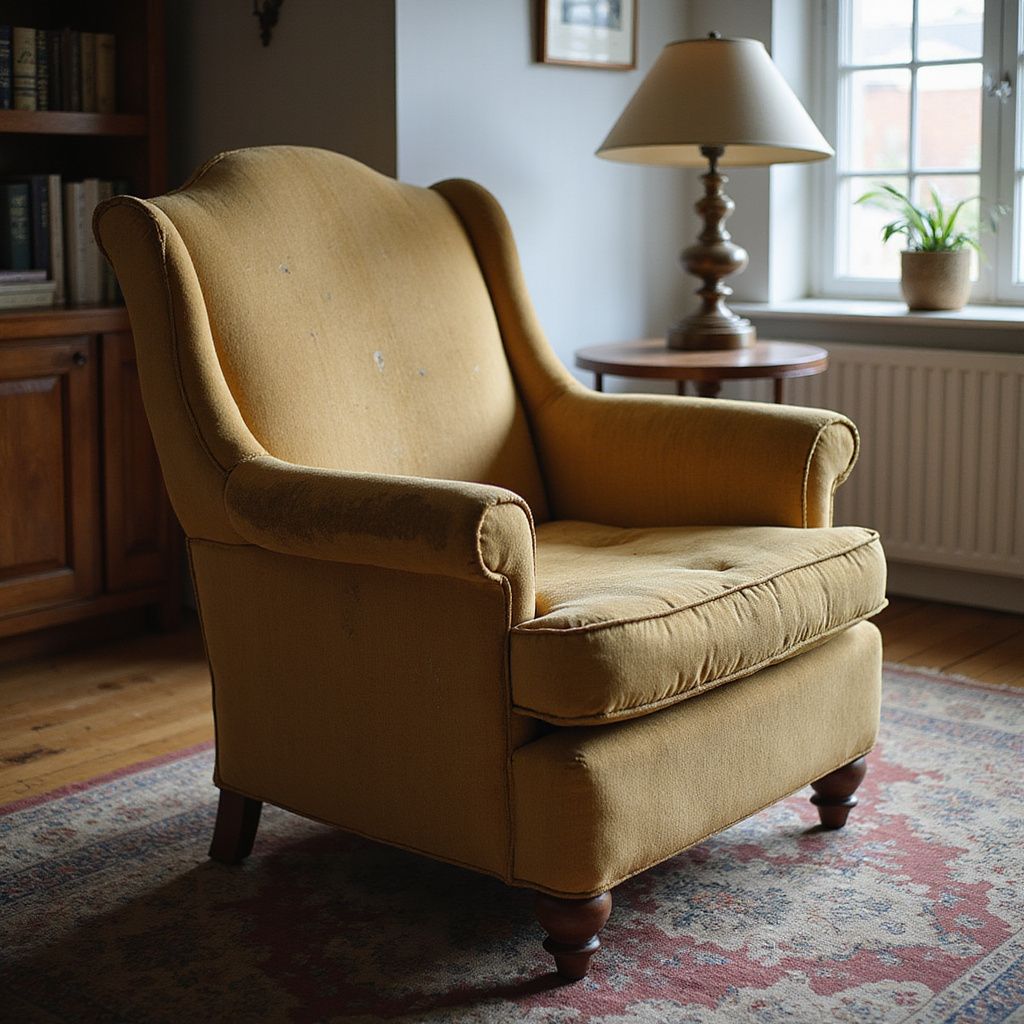 Yellow upholstered armchair in a living room setting with a lamp and bookcase.