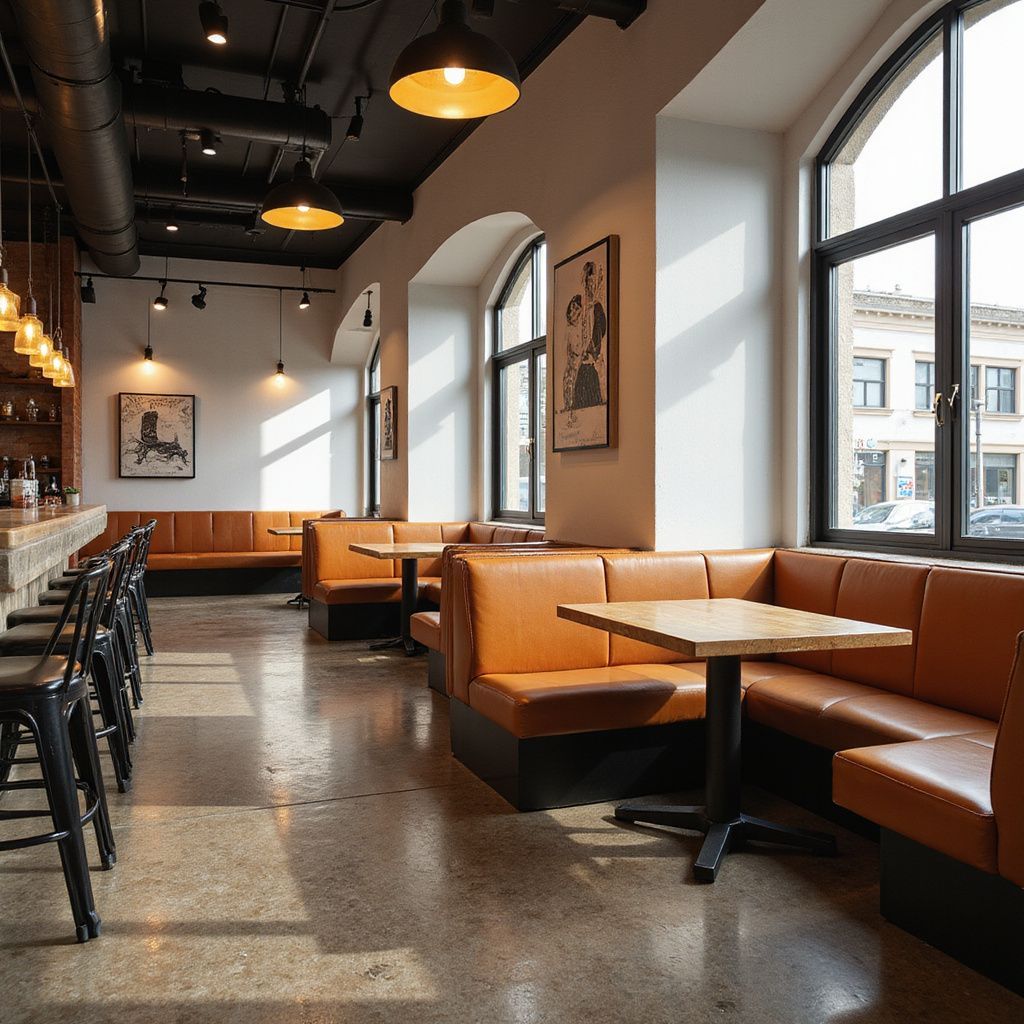 Inside of a restaurant with booths and tables, sunlight through tall windows, neutral tones.