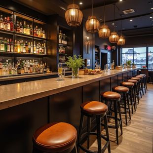 Bar interior with brown leather stools, liquor bottles, and hanging lights.