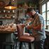 A man reupholsters a chair in a kitchen workshop with tools and plants visible; warm lighting.