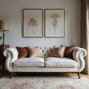 Cream tufted sofa with brown pillows, floral art, side table with lamp, and rug in living room.