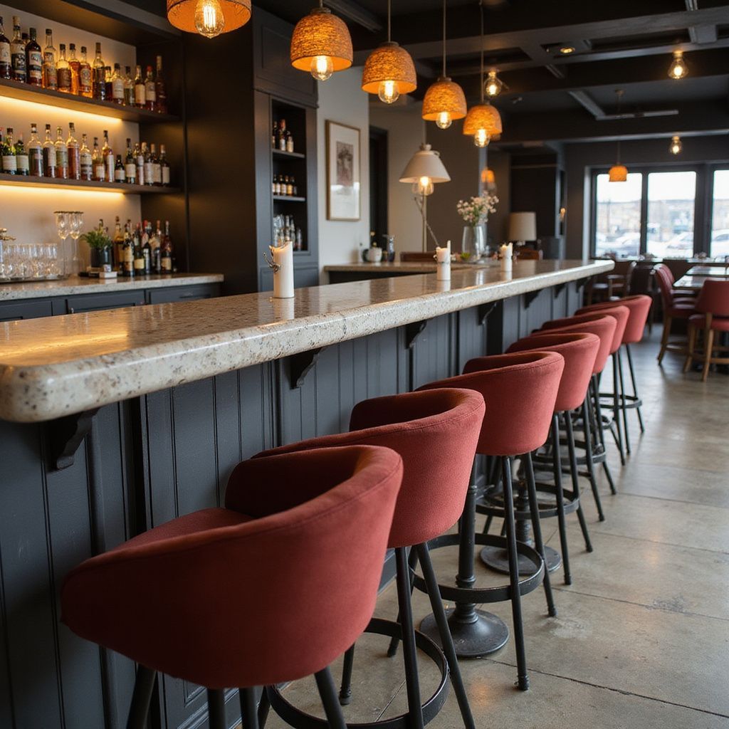 A bar with red chairs, dimly lit, bottles on shelves, and hanging lights.