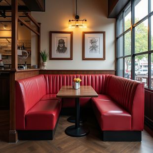Red booth seating in a restaurant with wooden table, framed artwork, and large windows.