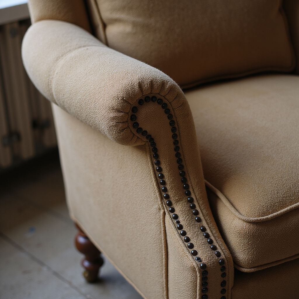 Tan upholstered armchair with nailhead trim and dark wooden legs.