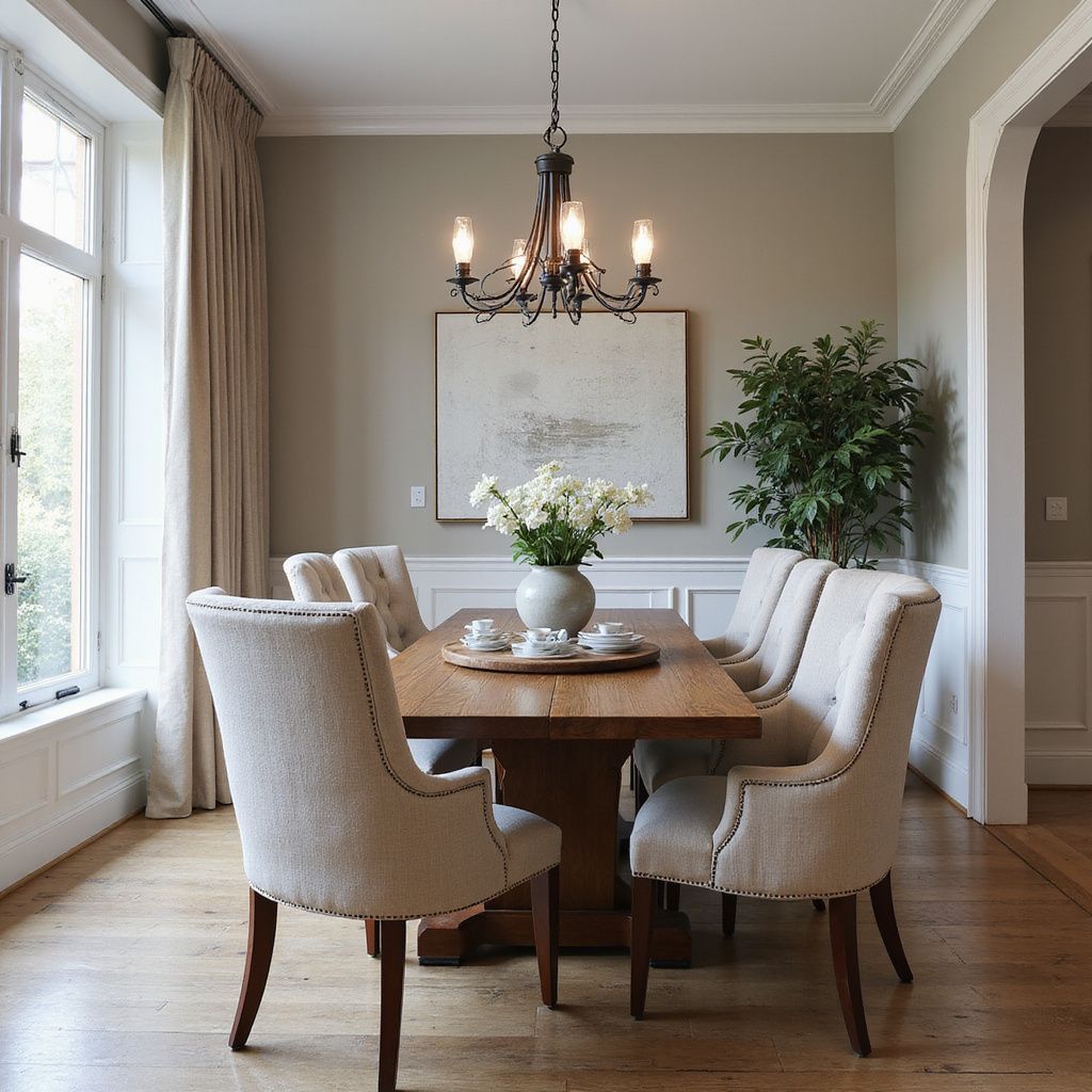 Dining room with wood table, beige chairs, chandelier, and white flowers.