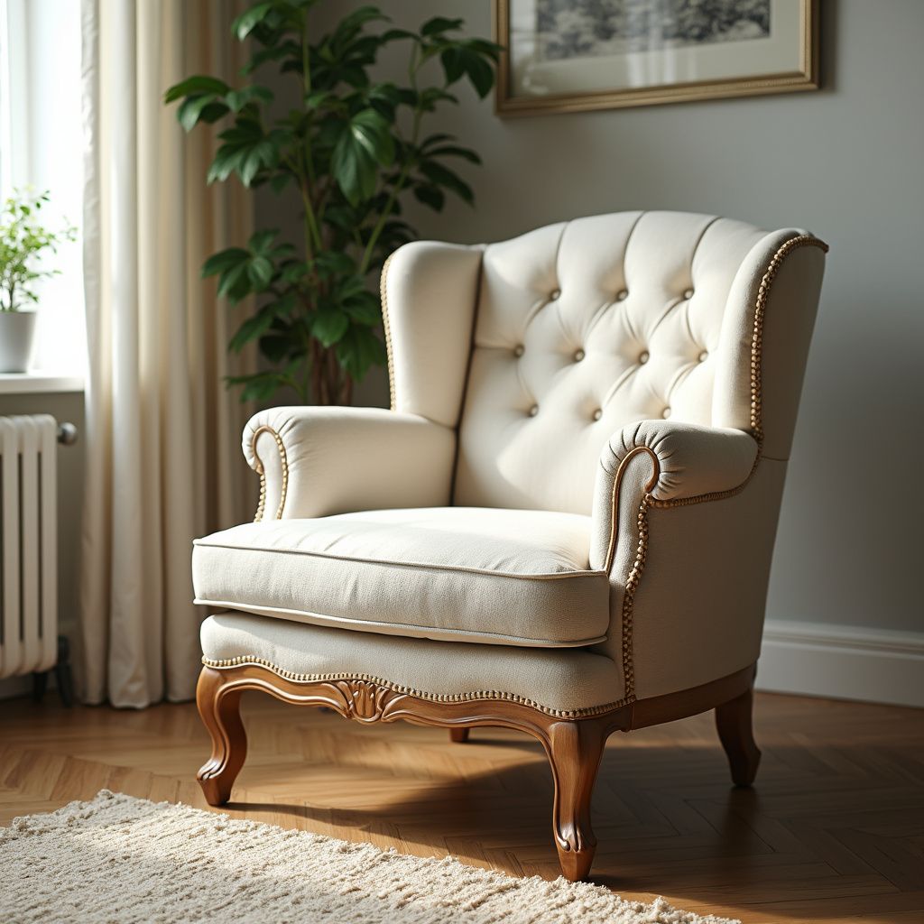 Cream-colored armchair with button tufting, ornate wood trim, in a living room with a plant, curtains, and artwork.