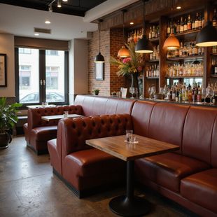 Restaurant interior with brown leather booths, bar, and exposed brick.