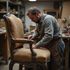 Man repairing a vintage armchair in a workshop, wearing an apron.