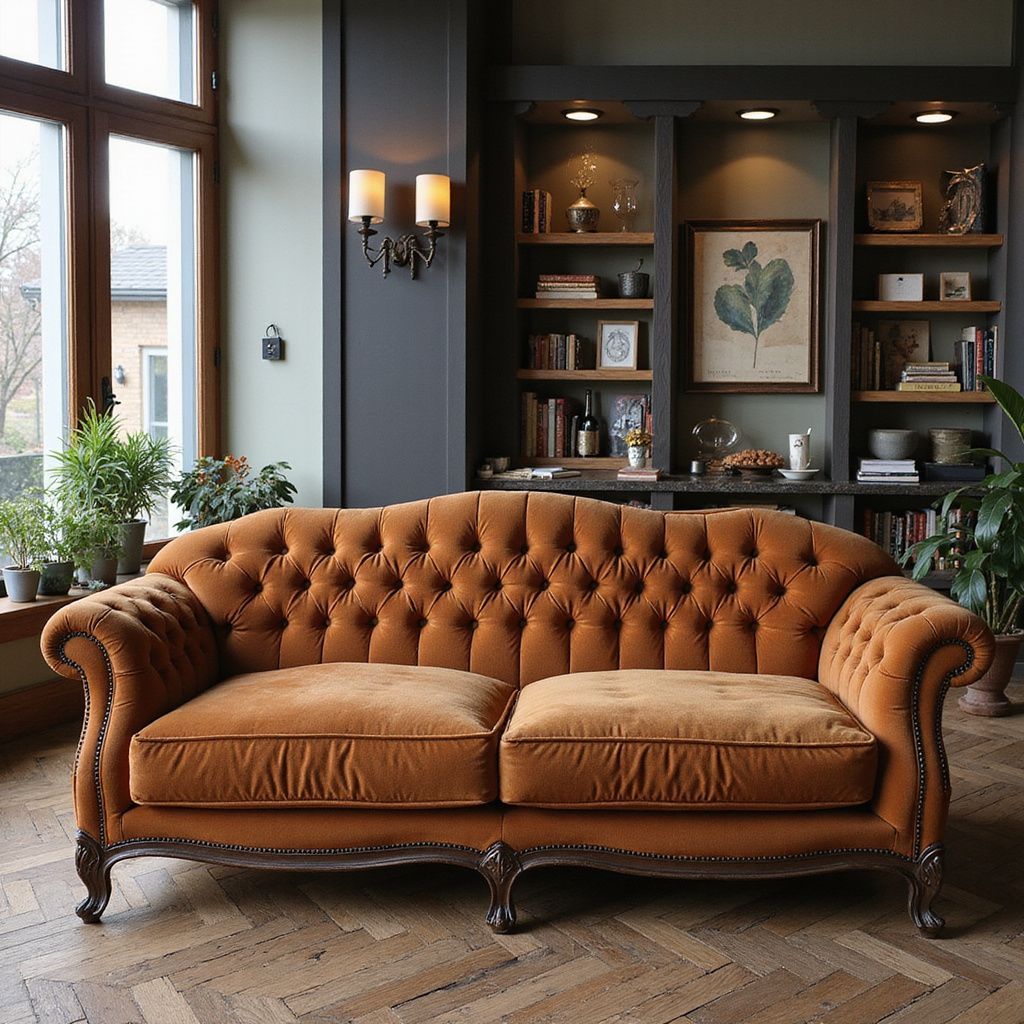 Brown tufted velvet couch in a room with a bookshelf and a window.