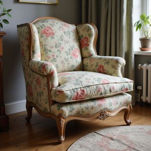 Floral upholstered armchair with light wood frame, in front of window with curtains.