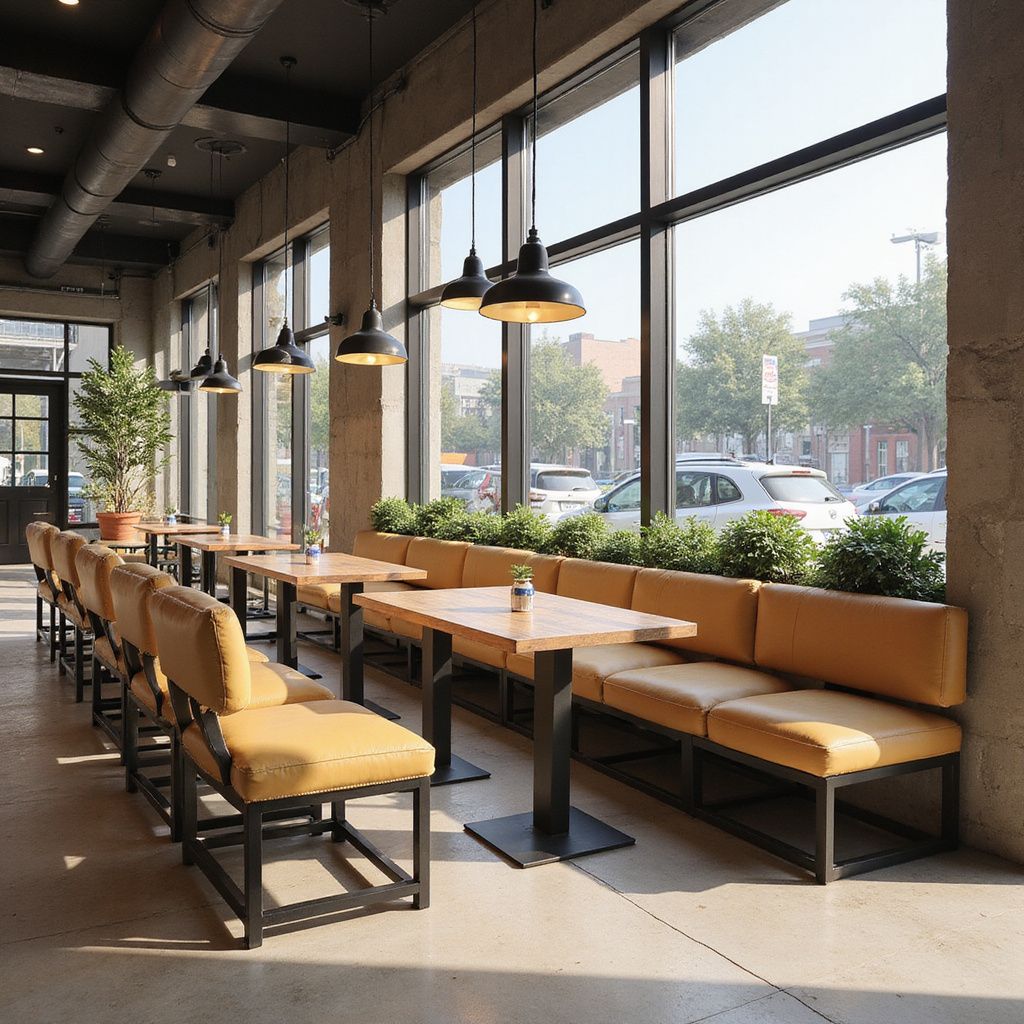 Interior of a modern restaurant with tables, tan seating, and large windows overlooking a street.