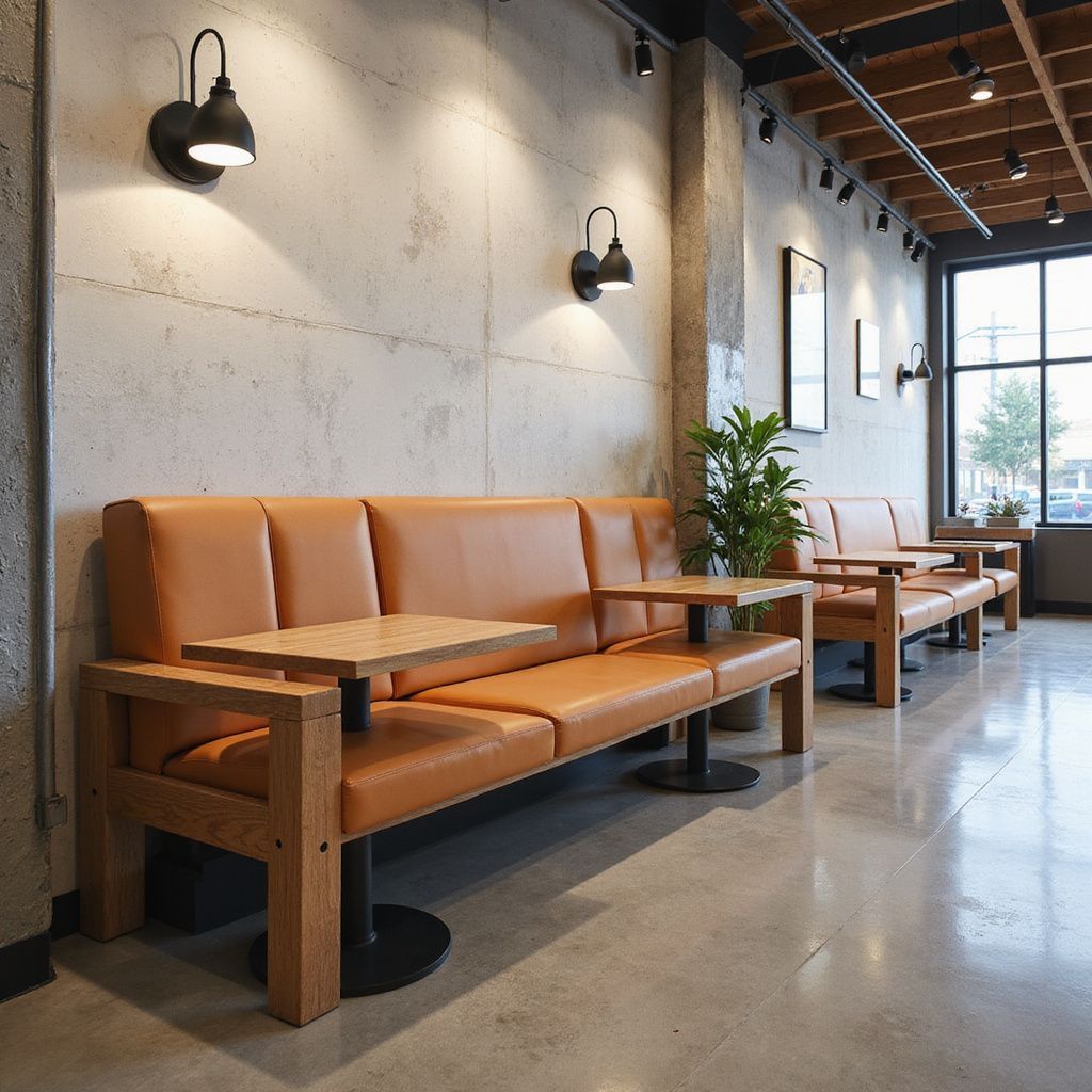 Interior of a cafe with orange booths, tables, and concrete walls. Black wall lamps illuminate the space.