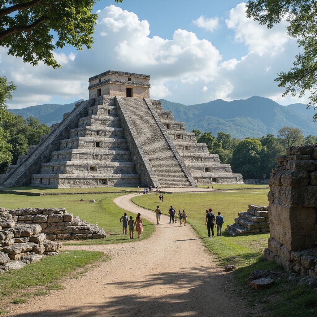 Pyramid of Kukulcan in Chichen Itza, Mexico, with tourists walking on a path in front of it.