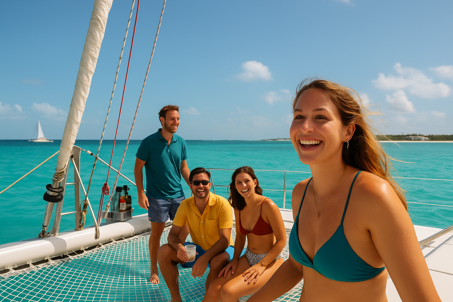 Four people smiling on a catamaran in turquoise water, under a blue sky.
