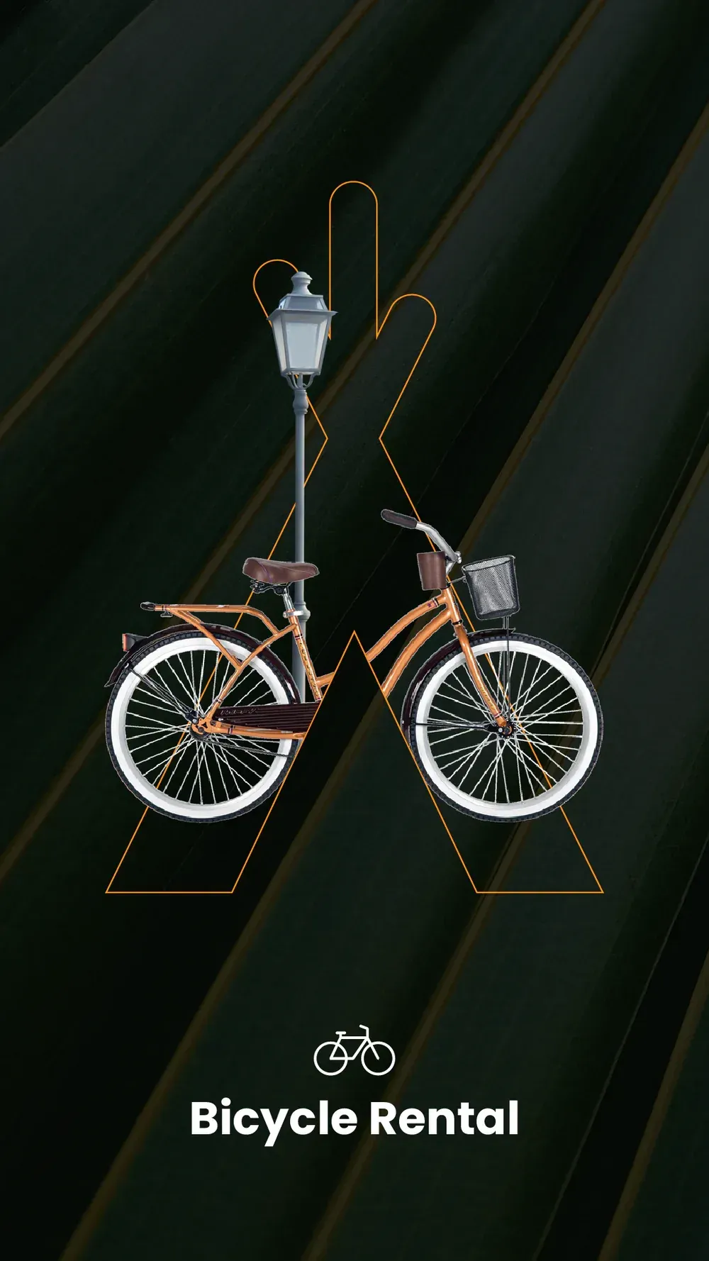 A bicycle is sitting next to a street light on a dark background.