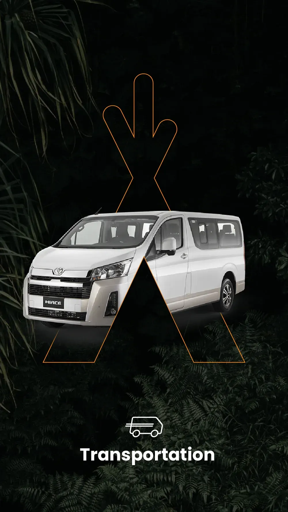 A white van is parked in the middle of a forest.