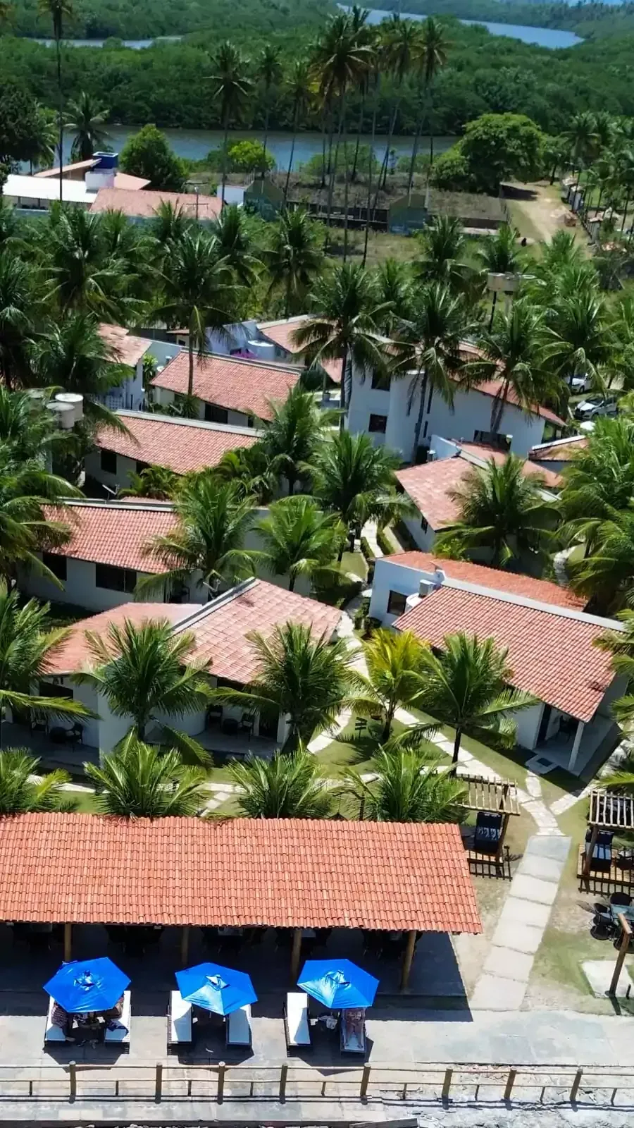 Uma casa branca rodeada de palmeiras e flores-Pousada-Bangalos-do-Pontal