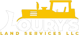 Yellow bulldozer silhouette above the name "Loury's Land Services LLC" in white text.