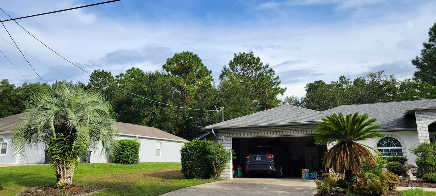 Houses with green trees and a car in the garage under a blue cloudy sky.