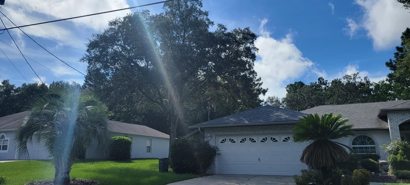 Houses with white garage doors and green lawns under a cloudy blue sky, tall trees in the background.