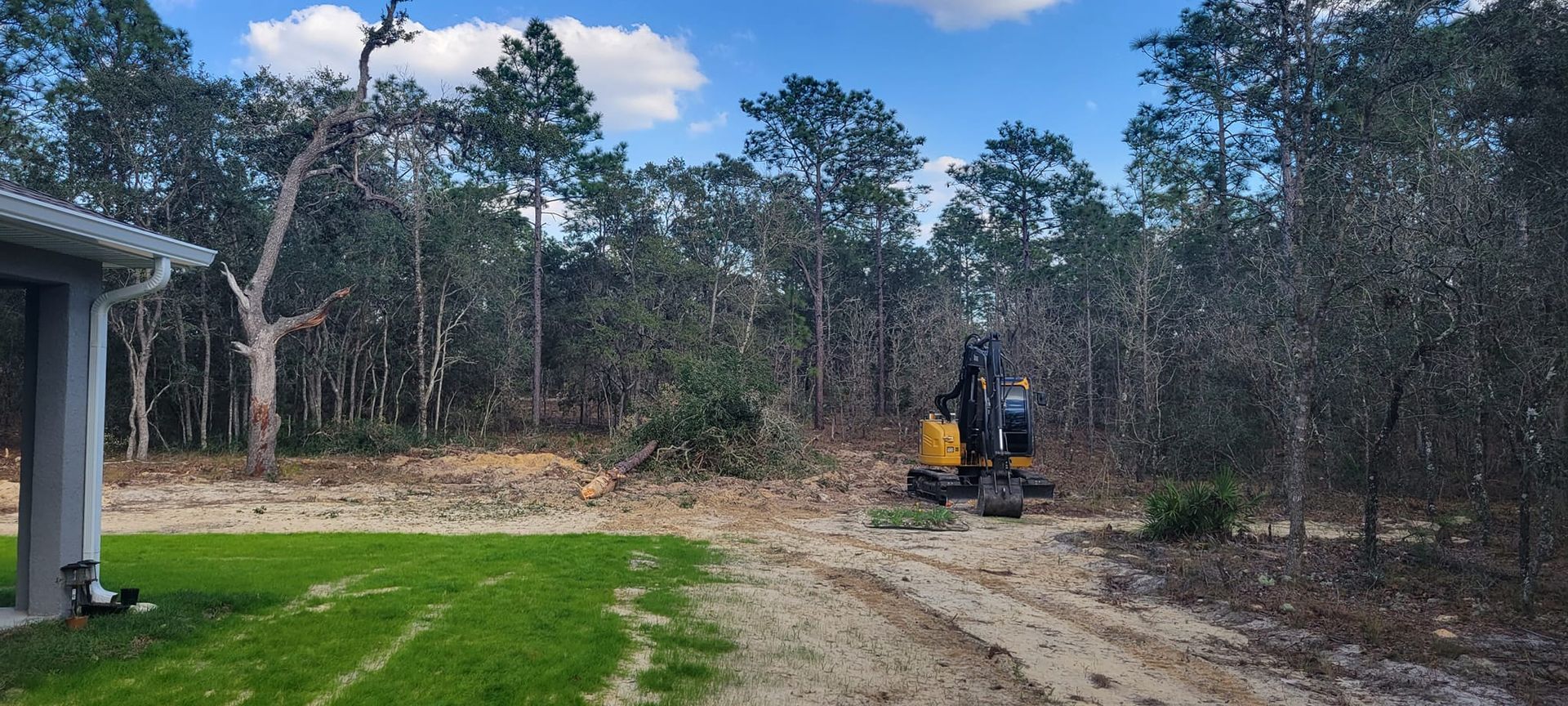 An excavator clearing trees next to a house with a green lawn and a blue sky.