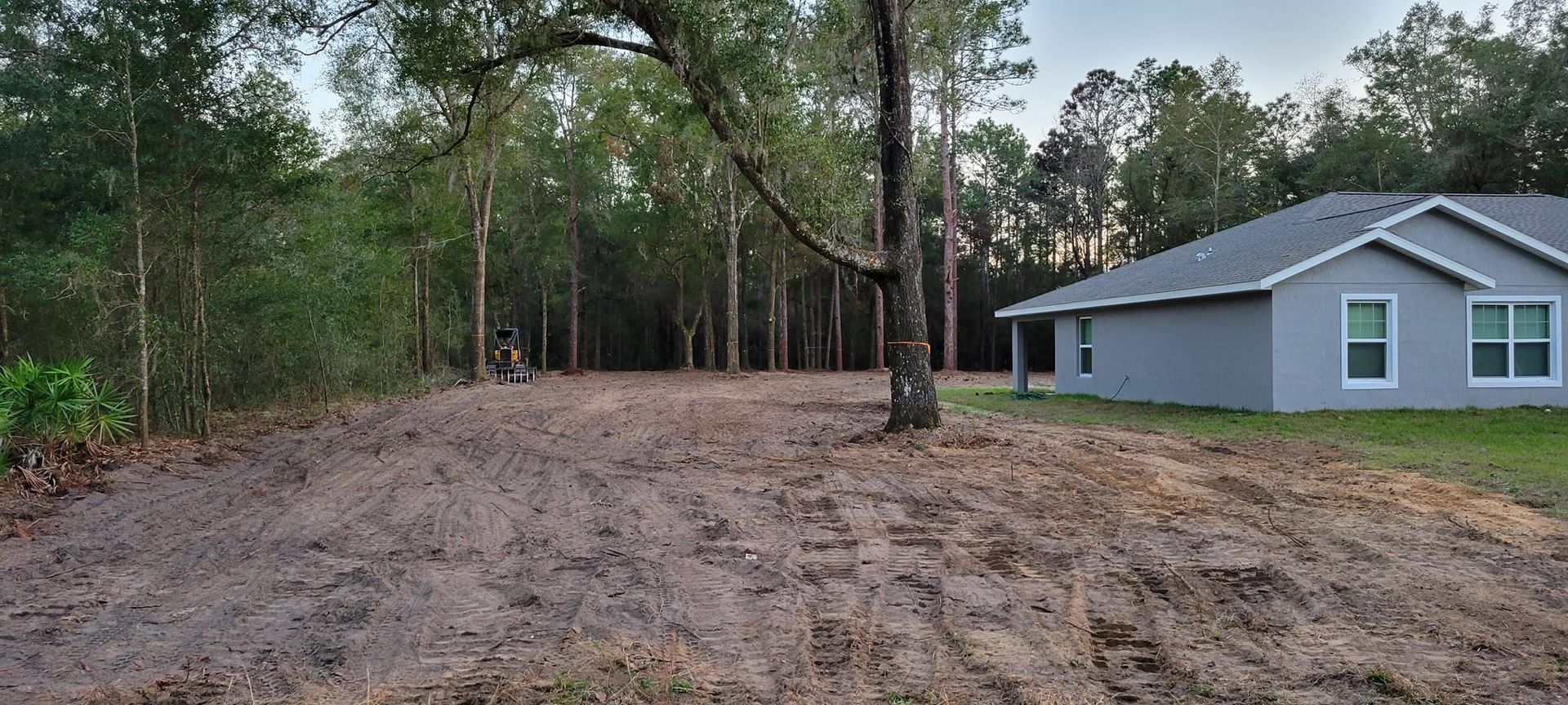 Cleared lot with dirt, trees in the background, and a gray house on the right.