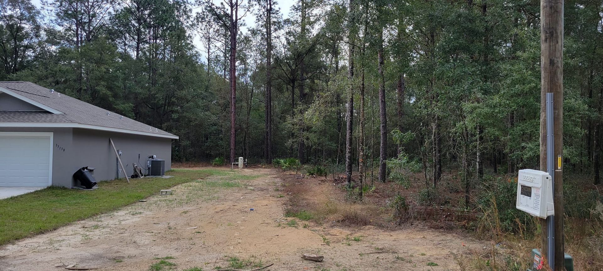 A gray house sits beside a dirt lot with a dense forest in the background. A utility pole is in the foreground.