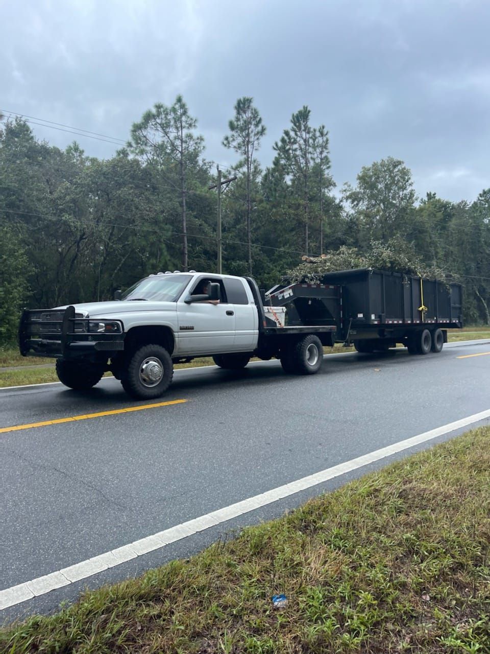White pickup truck towing a trailer loaded with branches on a road, trees in the background.