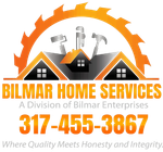 Logo for Bilmar Home Services: orange saw blade over house icons and tools, with phone number and slogan.