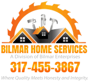 Logo for Bilmar Home Services: orange saw blade over house icons and tools, with phone number and slogan.