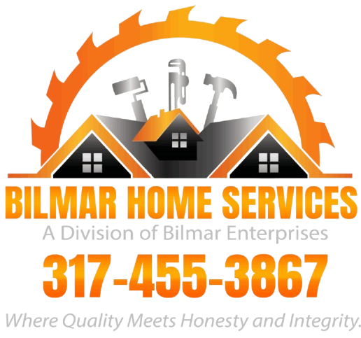 Logo for Bilmar Home Services: orange saw blade over house icons and tools, with phone number and slogan.