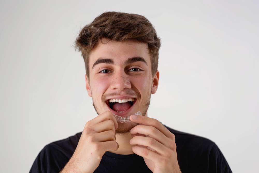 Smiling man holding clear aligner, preparing to put it in his mouth.