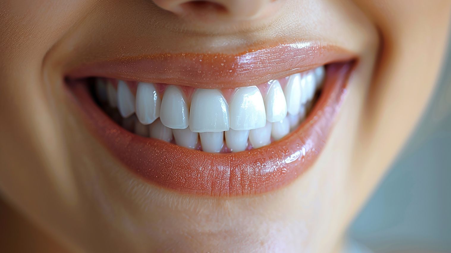 Close-up of a smiling person with bright white teeth and glossy pink lipstick.