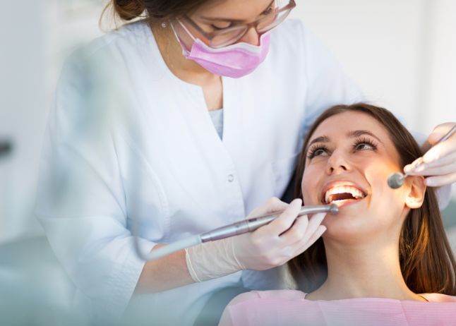 Dentist in mask and gloves examines patient's teeth in a dental office; patient smiles.