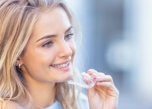 Blonde woman smiling, holding clear aligner; outdoors with soft focus background.