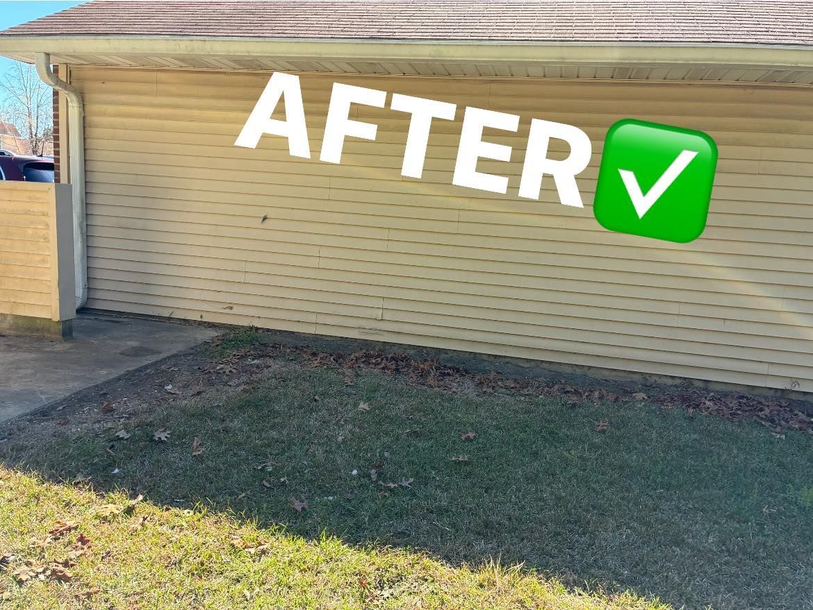 A pale yellow house siding wall in a grassy yard with a green graphic overlay reading 