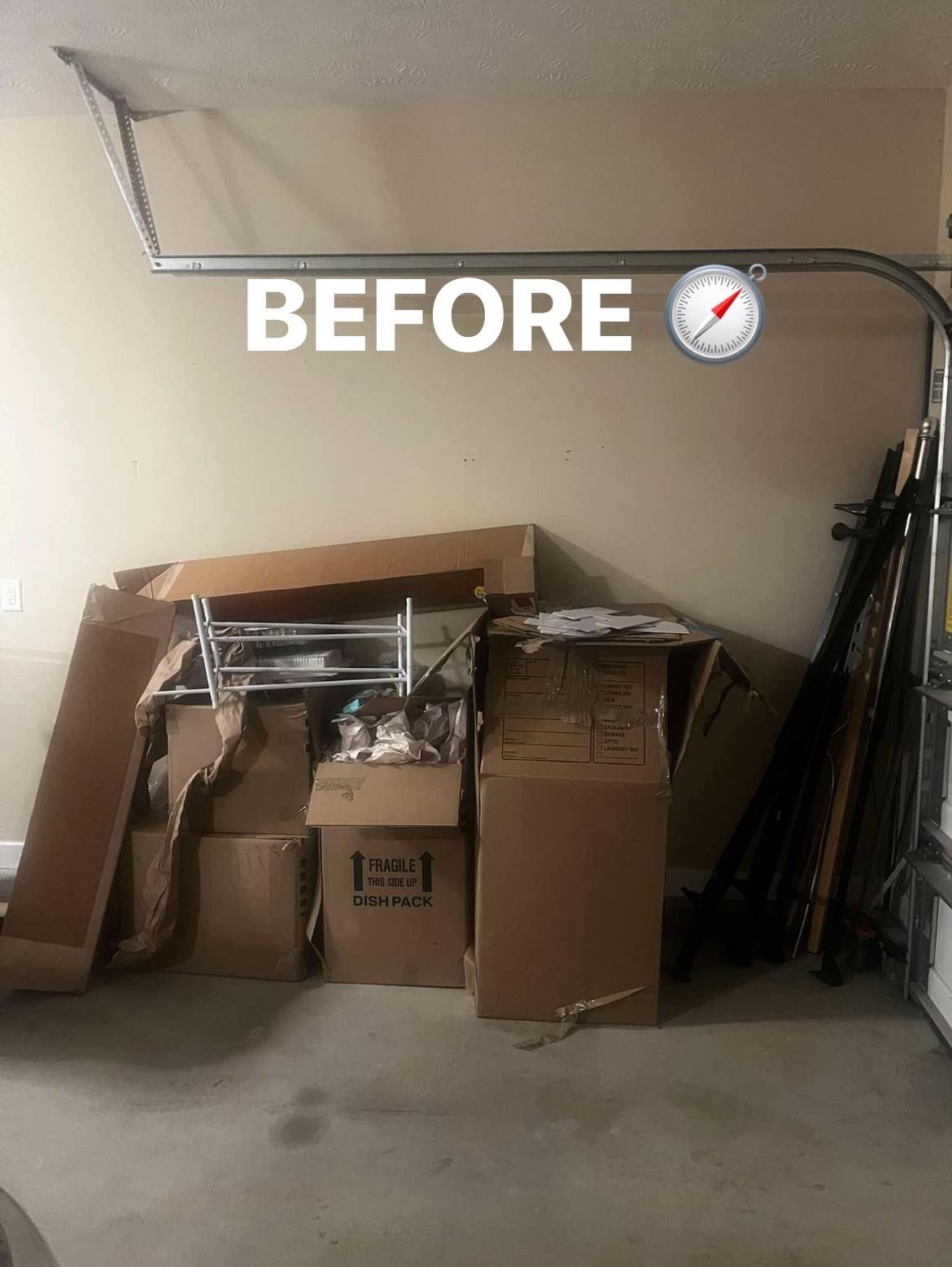 A cluttered corner of a garage filled with stacks of cardboard boxes and some miscellaneous items, labeled 