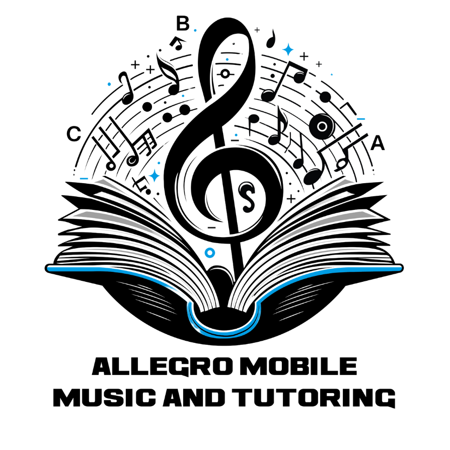 The logo for allegro mobile music and tutoring shows a treble clef surrounded by music notes.