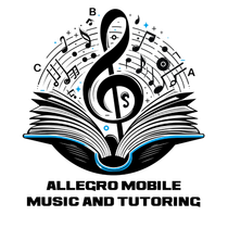 The logo for allegro mobile music and tutoring shows a treble clef surrounded by music notes.