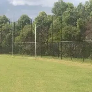 A tall, black wire sports fence stands on the edge of a grassy field, backed by a dense line of green trees.