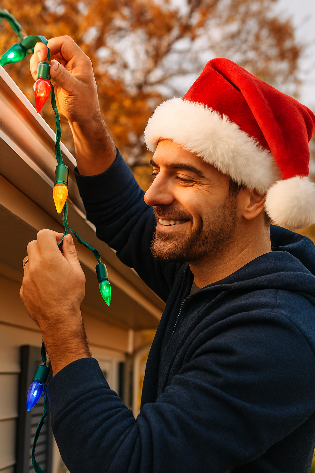 Man wearing a Santa hat smiling while hanging Christmas lights on a house.
