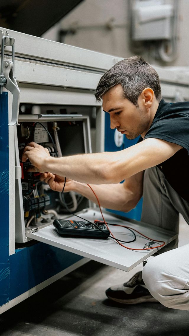 A person in a black shirt working on machinery, using a multimeter in a workshop.