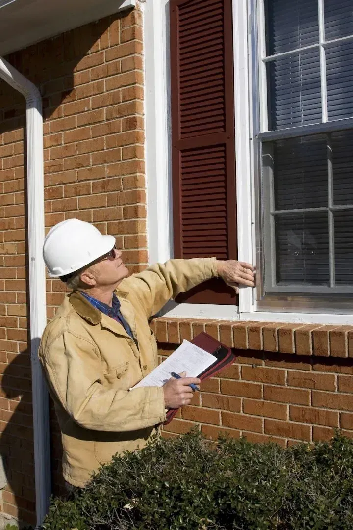 Inspector in hard hat examines a window frame on a brick house; holding a clipboard.